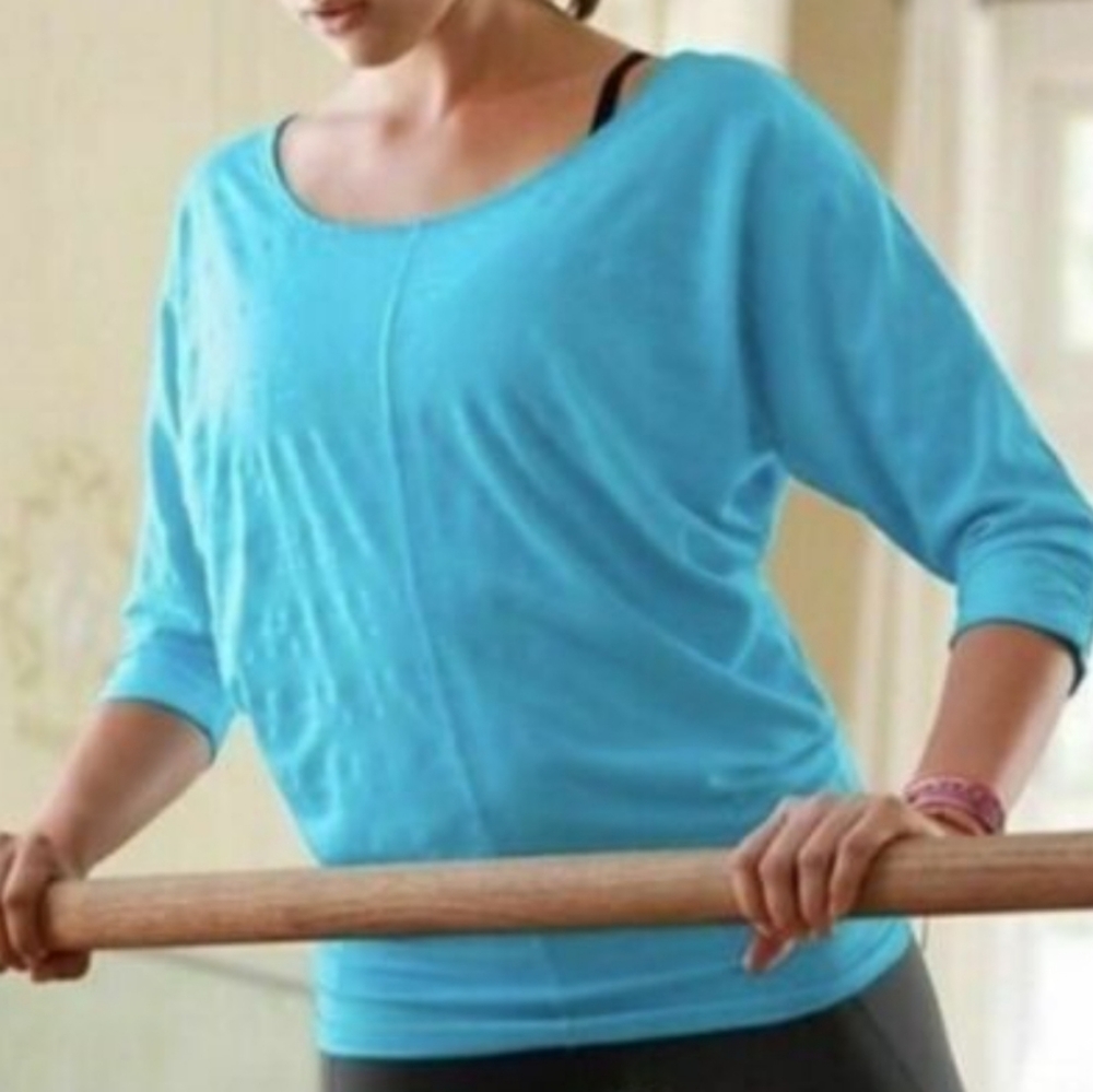 Athleta Turquoise Dory striped dolman sleeve shimmer Shirt. SIZE XL